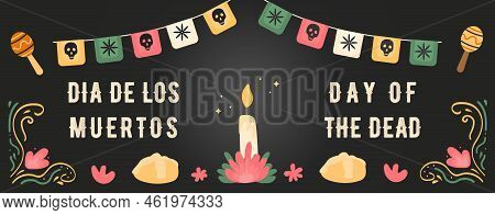 Dia De Los Muertos. Horizontal Banner With Ofrenda Traditional Altar With Candle And Pan De Muertos.