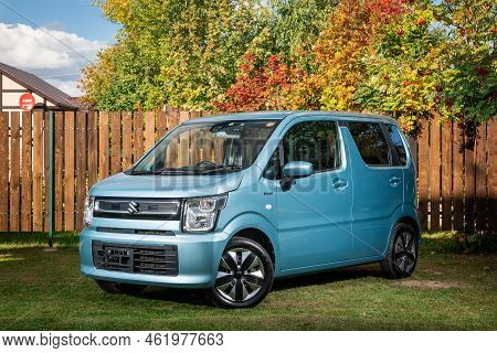 Novosibirsk, Russia - September 16 , 2022: Blue Suzuli Wagon R  Is Parked  On The Street On A Warm A