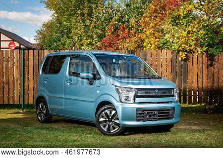 Novosibirsk, Russia - September 16 , 2022: Blue Suzuli Wagon R, Front  View. Photography Of A Modern