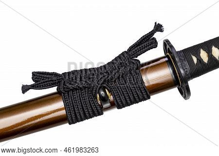 Black Color Sageo - Japanese Sword Sheath Rope Made Of High Quality Silk Isolated On White Backgroun