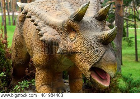 Zlatibor, Serbia - July 9, 2022: Chasmosaurus Or Mojoceratops Figure In Dinosaur Theme Park. This Wa