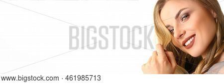 Portrait Of Beautiful Blonde Woman With Makeup. Evening Makeup Training Concept