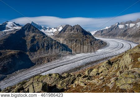 Landscape Of Glacier, Mountain And Sky. Aletsch Glacier In Swiss Alps. Bettmeralp, Valais Canton, Sw
