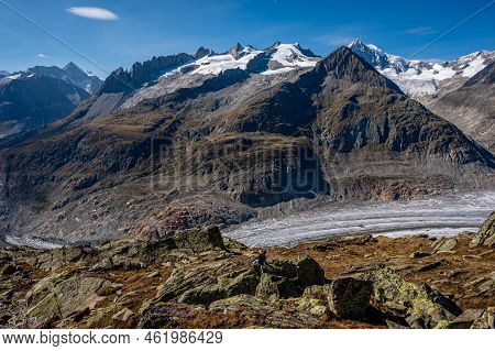 Landscape Of Glacier, Mountain And Sky. Aletsch Glacier In Swiss Alps. Bettmeralp, Valais Canton, Sw