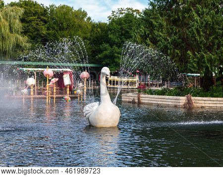 Rust, Germany - September 1, 2022: Figurine Of Swan In Europa-park, The Largest Theme Park In German