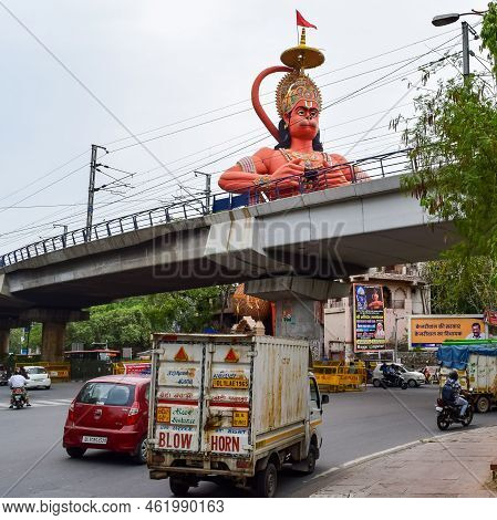 New Delhi, India - June 21, 2022 - Big Statue Of Lord Hanuman Near The Delhi Metro Bridge Situated N