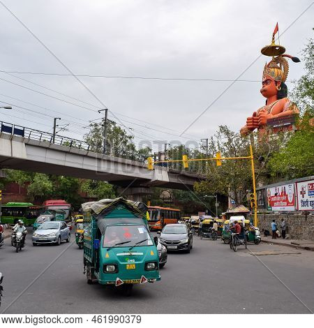 New Delhi, India - June 21, 2022 - Big Statue Of Lord Hanuman Near The Delhi Metro Bridge Situated N