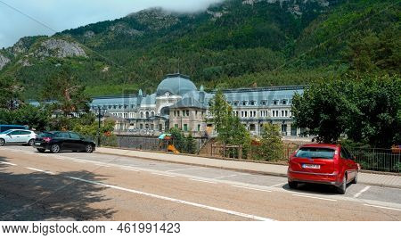 Canfranc, Spain - June 27, 2022: A view of the old Canfranc International Railway Station, in Canfranc, Aragon, Spain, not in use anymore since 1970