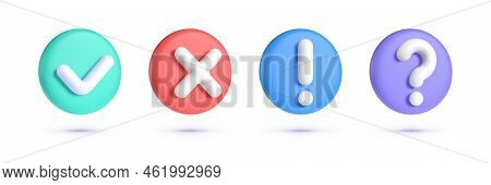 Check Mark, Cuestion Mark, Caution, Cross 3d Signs Set. Realistic Caution Mark 3d For Brochure Desig