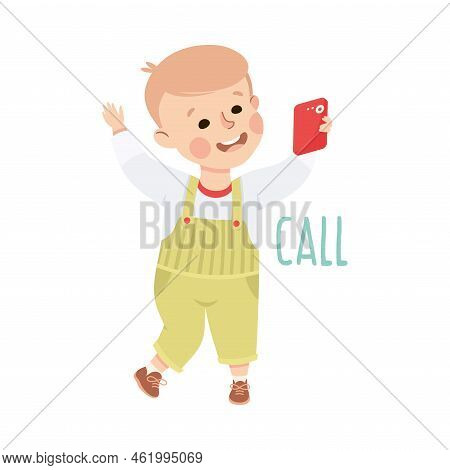 Little Boy Calling With Phone Demonstrating Vocabulary And Verb Studying Vector Illustration