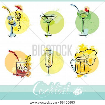 Conjunto de imágenes de bebidas Alkohol en estilo Grunge. Elementos de caligrafía para café o restaurante diseño.