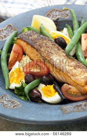 Salad nicoise with grilled atlantic salmon.  Delicious, healthy eating.