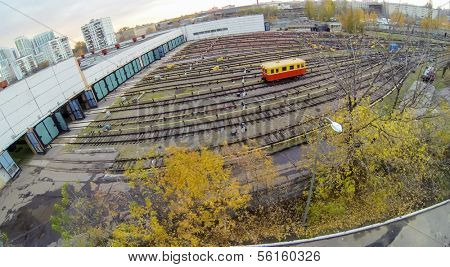 Waggon near the gates of metro depot, view from unmanned quadrocopter.