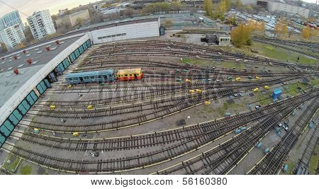 Tow waggons near the gates of metro depot, view from unmanned quadrocopter.