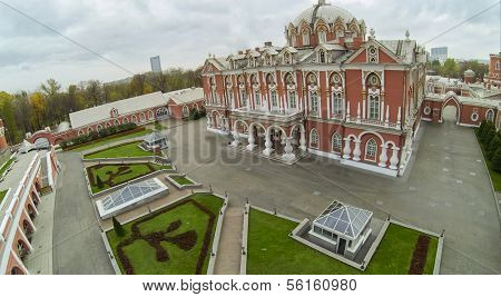 MOSCOW - OCT 10: View from unmanned quadrocopter on beautiful facade and green lawn in front  of Petroff Palace on October 10, 2013 in Moscow, Russia.