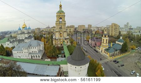 MOSCOW - OCT 11: Gate tower with the church of St. Sergius of Radonezh the Novospassky Monastery (view from unmanned quadrocopter) on October 11, 2013 in Moscow, Russia.