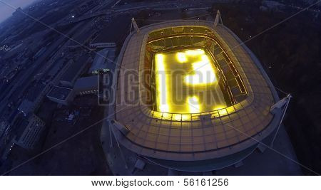 MOSCOW - OCT 17: Evening view from unmanned quadrocopter to closed Lokomotiv Stadium with coverd field on October 17, 2013 in Moscow, Russia.