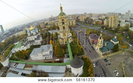 MOSCOW - OCT 11: Panorama with gate tower with the church of St. Sergius of Radonezh the Novospassky Monastery (view from unmanned quadrocopter) on October 11, 2013 in Moscow, Russia.