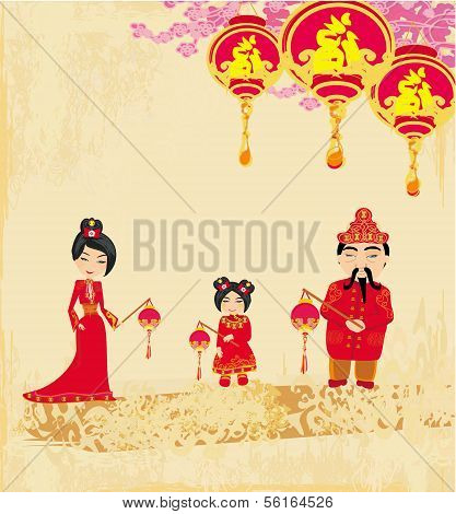 Mid-autumn Festival For Chinese New Year , Abstract Card With Family