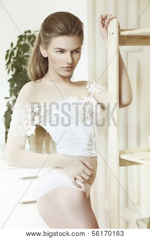 Elegance. Graceful Tempting Partially Nude Woman In Erotic Pose