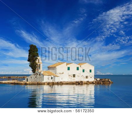 Sunset scene of Vlacherna monastery, Kanoni, Corfu, Greece