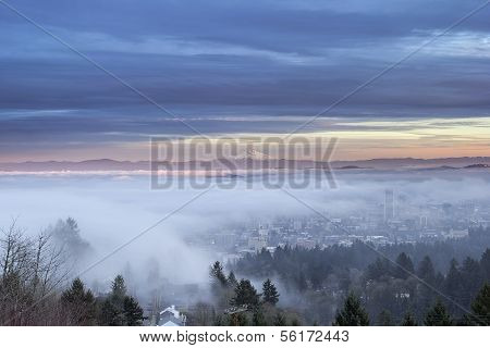 Portland City Covered In Fog With Mount Hood