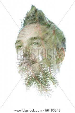 Double exposure portrait of young man combining pine needles with his features in a thoughtful serene pose isolated on white