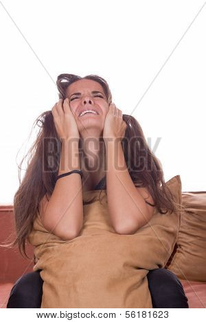 Disappointed Girl Crying With Pillow