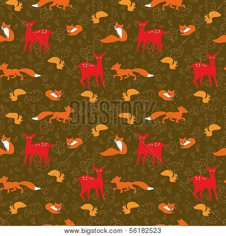seamless pattern with fox, squirrels, deer and floral elements