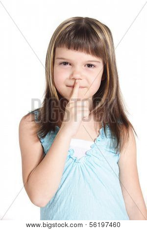 A young girl requests silence. All isolated on white background.