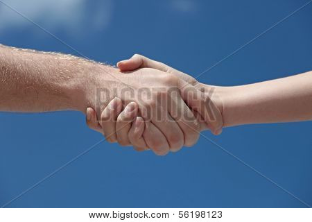A man and woman handshaking in front of a bright blue sky.