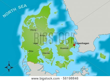 A stylized map of Denmark showing different big cities as well as nearby countries.