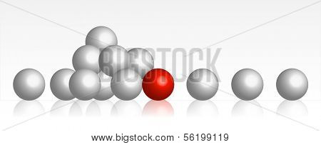 An illustration showing a single red ball brakes a row of white balls.