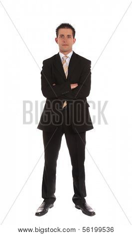An aspiring businessman standing in front of a plain white background.
