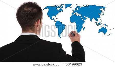 A businessman presenting concepts of global market expansion. All on white background.