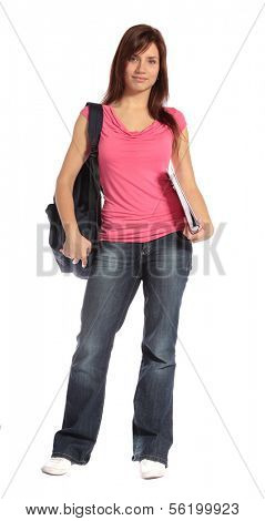 An attractive student standing in front of a plain white background.