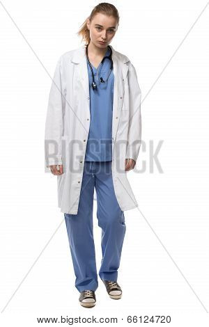 Female Doctor Walking Wearing Lab Coat