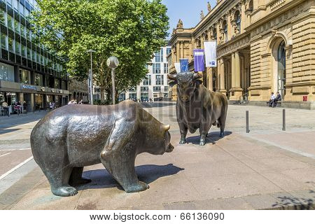 The Bull And Bear Statues At The Frankfurt Stock Exchange