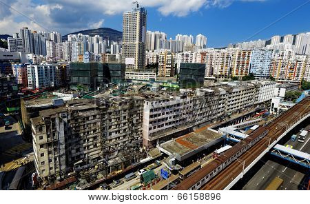 Hong Kong Day, Kwun Tong distract , skyline office buildings and public house urban