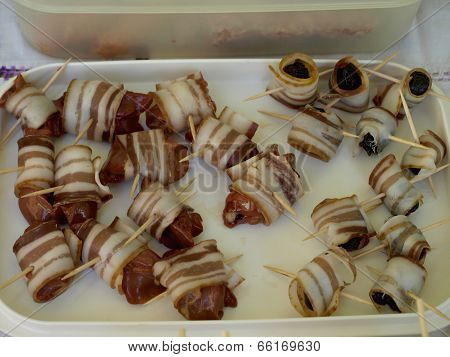 Prunes And Chiken Livers Wrapped In Bacon