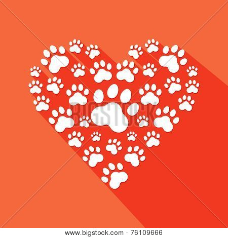 Flat heart with pet paws silhouette . Vector