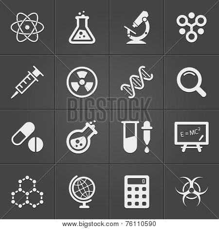 Science and physics related icons on black. Vector