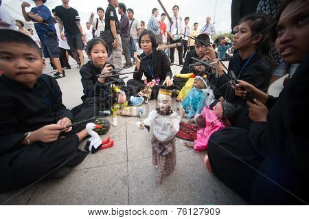 Actors Holding Puppets In Harmony World Puppet Carnival In Bangkok,thailand 2014 Parade.
