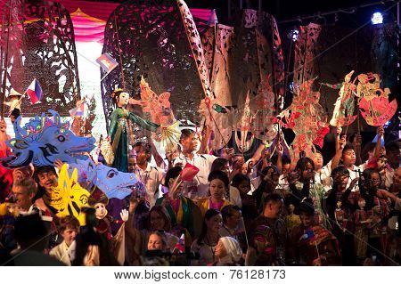 Actors Holding Puppets In Harmony World Puppet Carnival In Bangkok,thailand 2014 Parade.