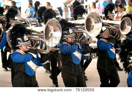 Marching Band In Harmony World Puppet Carnival In Bangkok,Thailand 2014 Parade.