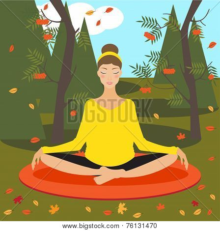 Beautiful Young Girl Practicing Yoga In The Autumn Park