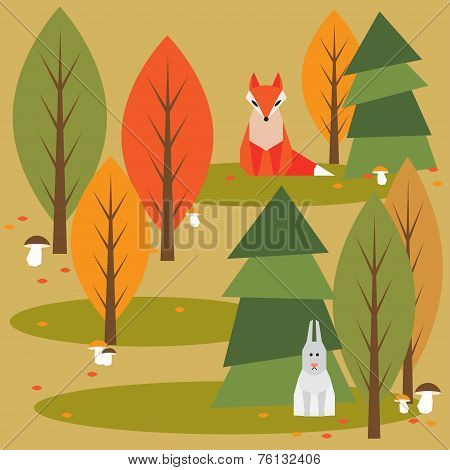 Funny Bright Colored Cartoon Autumn Forest With Animals