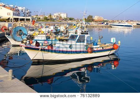 Fishing Boats Moored At The Pier In The Marina.