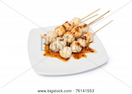 Grilled Chicken Meat Ball With Sweet Spicy Sauce Isolated On White Background