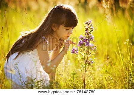 Girl Touches To A Wild Flower